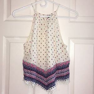 Patterned V-Cut Crop Tank Top with Bubble Fringe